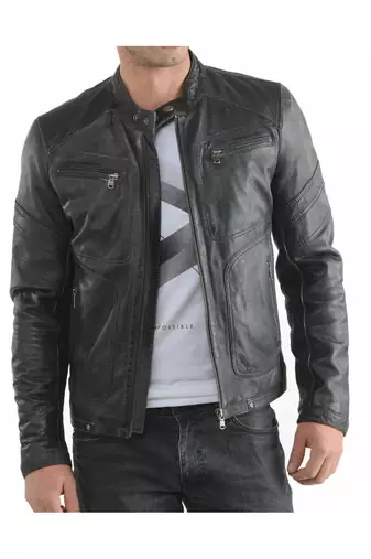 Men's black leather outerwear vintage style biker jacket