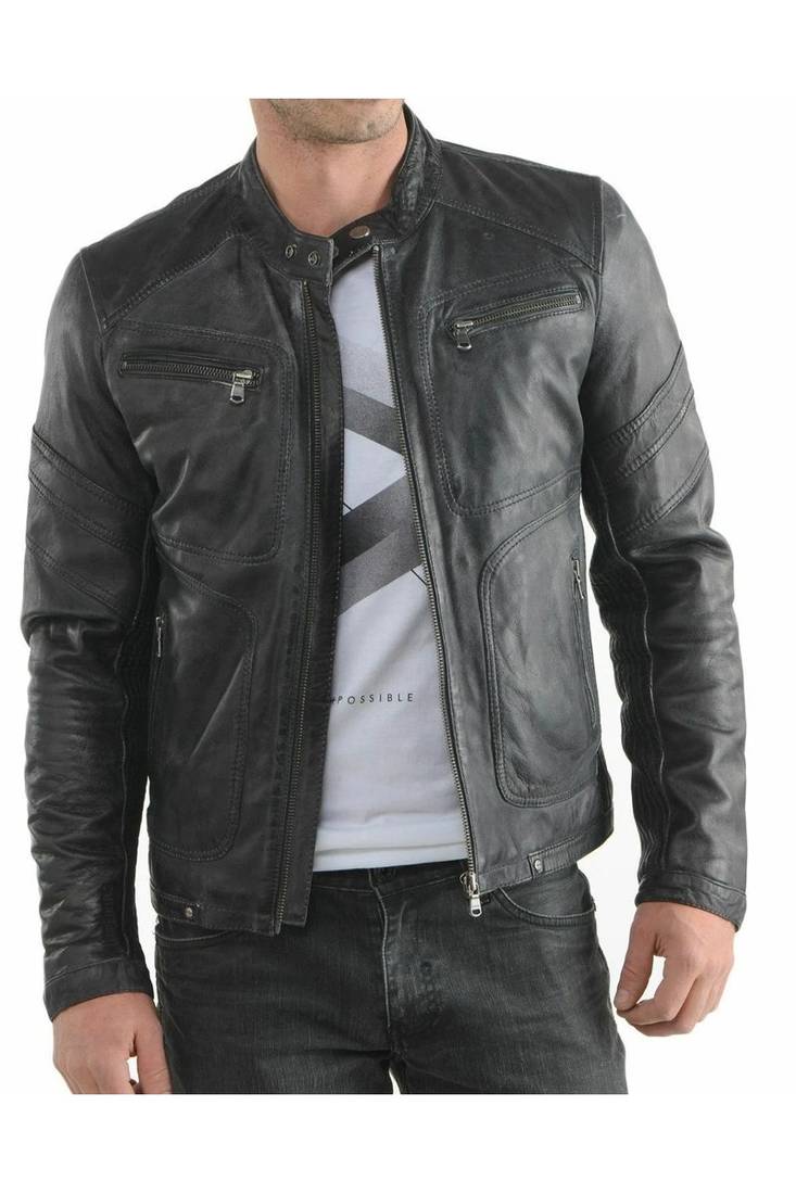 Men's black leather outerwear vintage style biker jacket