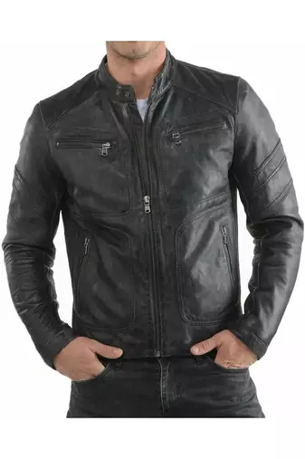 Men's black leather outerwear vintage style biker jacket