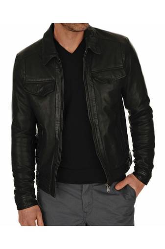Men biker leather outerwear modern fit black jacket