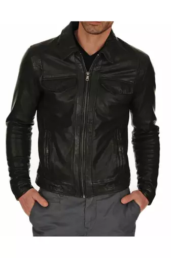 Men biker leather outerwear modern fit black jacket