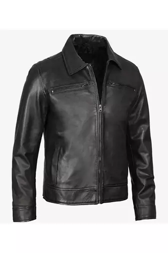 Men biker leather outerwear modern fit black jacket
