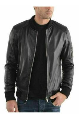 Men's black leather outerwear handcrafted bomber jacket 1