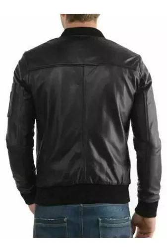Men's black leather outerwear handcrafted bomber jacket