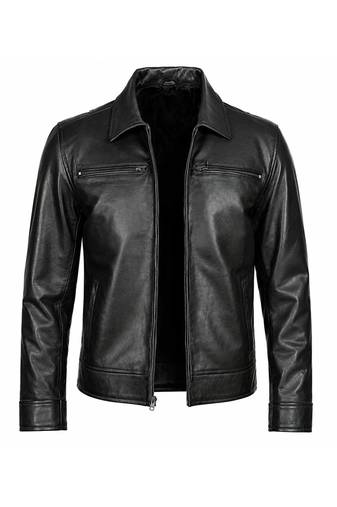 Men's black leather outerwear tailored look belted biker jacket