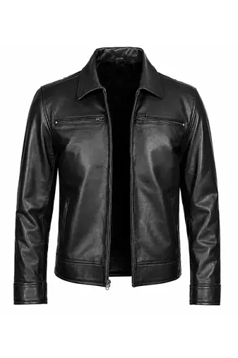 Men's black leather outerwear tailored look belted biker jacket