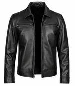 Men's black leather outerwear tailored look belted biker jacket