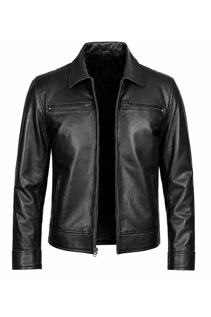 Men's black leather outerwear tailored look belted biker jacket