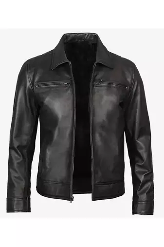 Men's black leather outerwear tailored look belted biker jacket