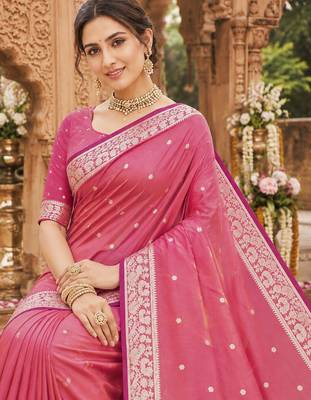 Pink soft silk blend saree with zari weaving meenakari design 4