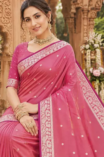 Pink soft silk blend saree with zari weaving meenakari design