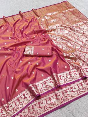 Pink soft silk blend saree with zari weaving meenakari design 5