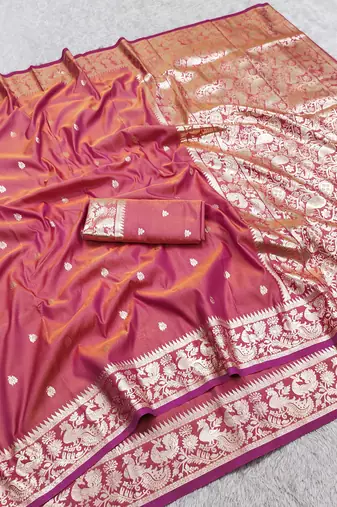 Pink soft silk blend saree with zari weaving meenakari design