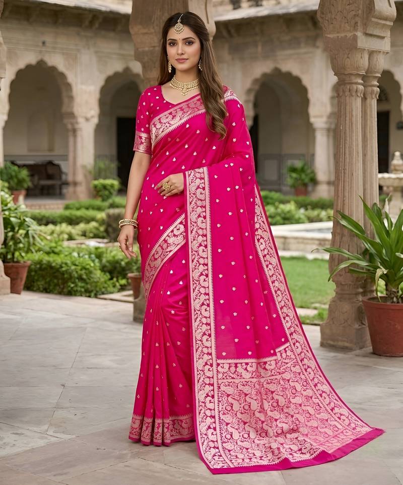 Pink soft silk blend saree with zari weaving meenakari design