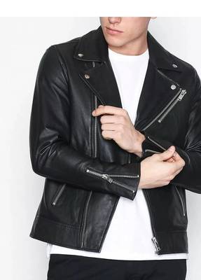 Men's black leather outerwear real lambskin motorcycle style jacket 2