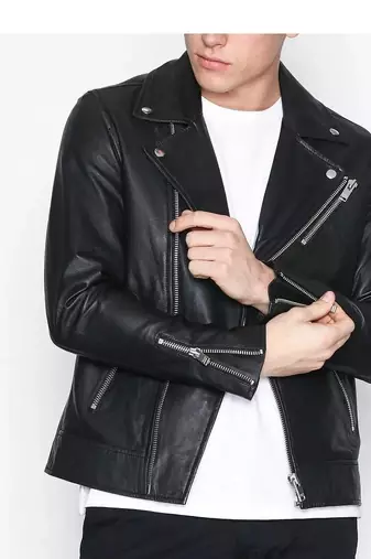 Men's black leather outerwear real lambskin motorcycle style jacket