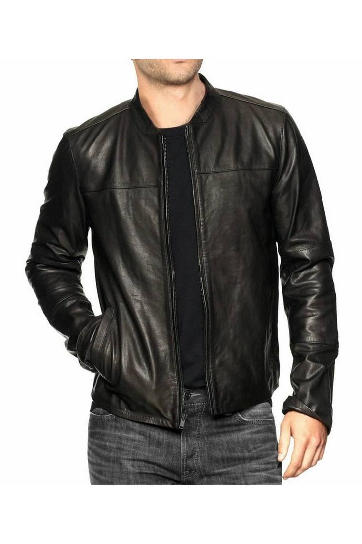 Men's black leather outerwear minimal design real lambskin jacket