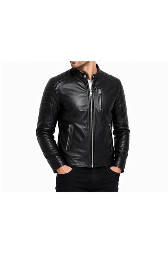 Men black leather outerwear premium quality biker jacket