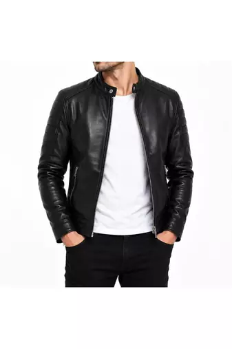 Men black leather outerwear premium quality biker jacket
