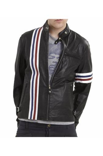 Men's black leather outerwear real lambskin smart casual strip jacket
