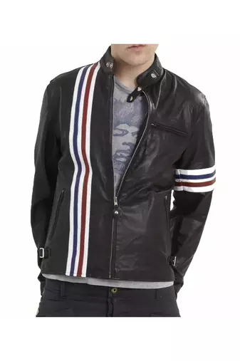 Men's black leather outerwear real lambskin smart casual strip jacket
