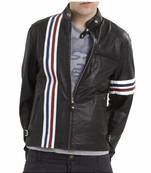 Men's black leather outerwear real lambskin smart casual strip jacket
