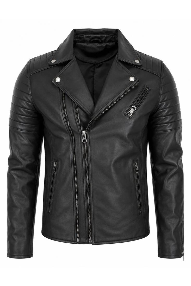 Men's black leather outerwear designer style genuine biker jacket