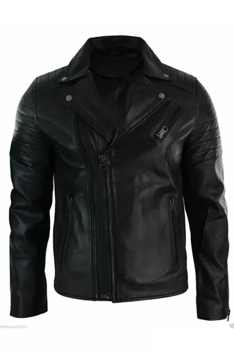 Men's black leather outerwear designer style genuine biker jacket