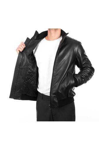 Men black genuine leather outerwear urban fashion bomer jacket