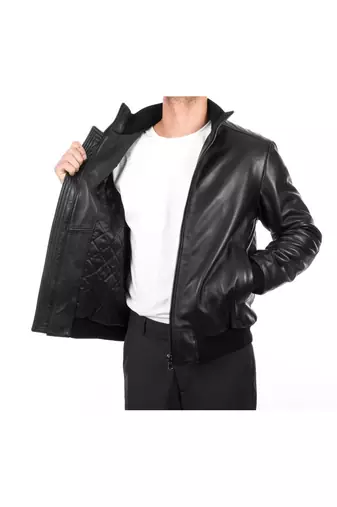 Men black genuine leather outerwear urban fashion bomer jacket