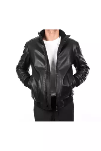 Men black genuine leather outerwear urban fashion bomer jacket