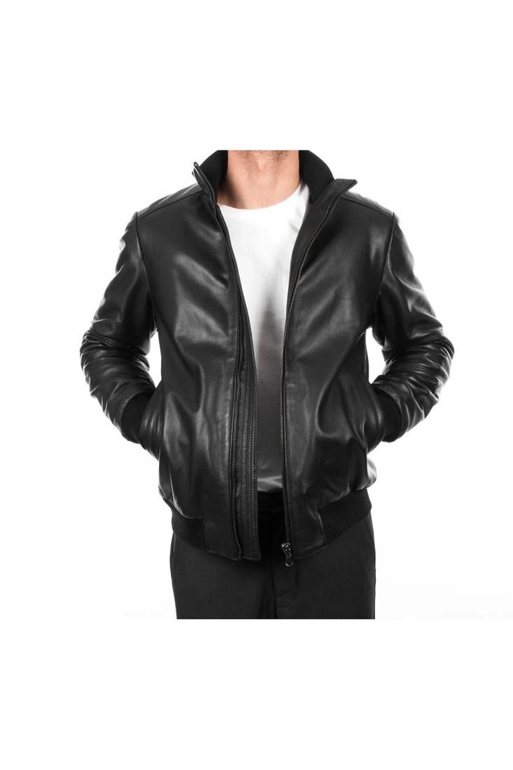 Men black genuine leather outerwear urban fashion bomer jacket