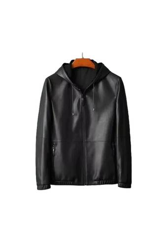 Men's black genuine  leather outerwear daily wear hoodies jacket