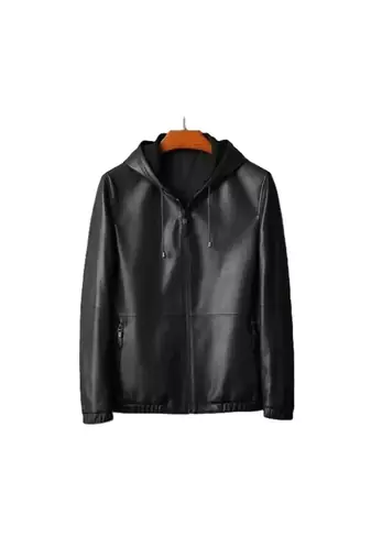 Men's black genuine  leather outerwear daily wear hoodies jacket