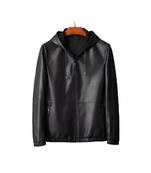 Men's black genuine  leather outerwear daily wear hoodies jacket