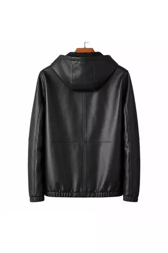 Men's black genuine  leather outerwear daily wear hoodies jacket