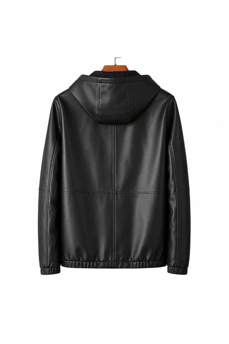 Men's black genuine  leather outerwear daily wear hoodies jacket