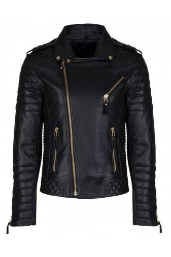 Men's black lambskinleather gold zip classic design biker jacket