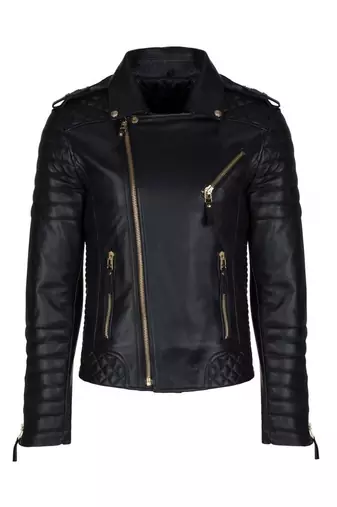 Men's black lambskinleather gold zip classic design biker jacket