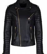 Men's black lambskinleather gold zip classic design biker jacket