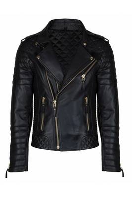 Men's black lambskinleather gold zip classic design biker jacket 2