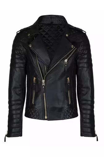 Men's black lambskinleather gold zip classic design biker jacket
