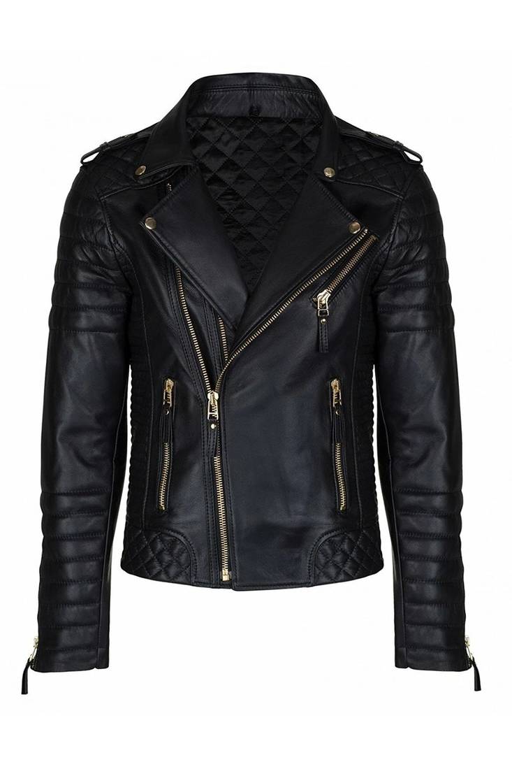 Men's black lambskinleather gold zip classic design biker jacket