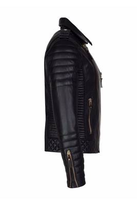 Men's black lambskinleather gold zip classic design biker jacket 3