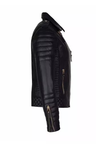 Men's black lambskinleather gold zip classic design biker jacket