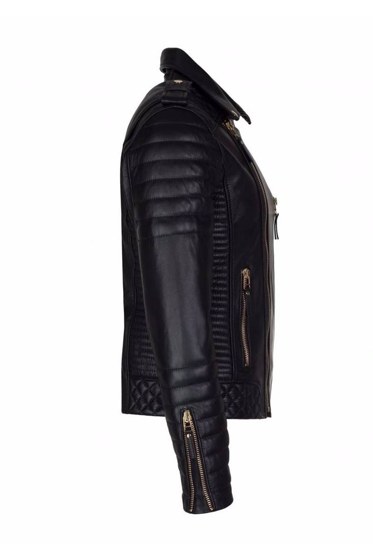 Men's black lambskinleather gold zip classic design biker jacket