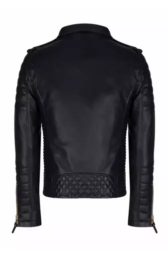 Men's black lambskinleather gold zip classic design biker jacket