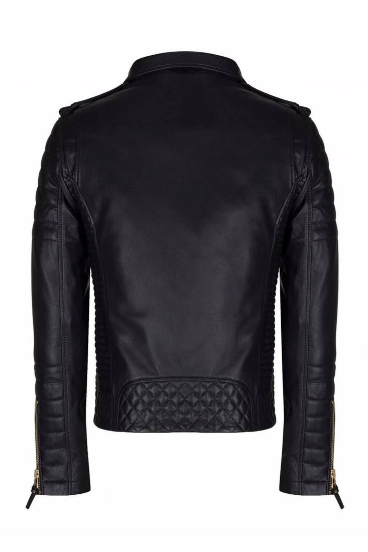 Men's black lambskinleather gold zip classic design biker jacket