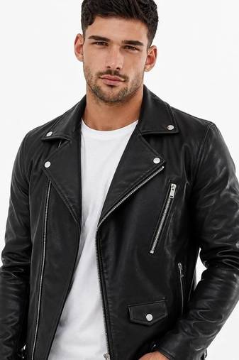 Men's biker black genuine leather silver zip premium finish jacket