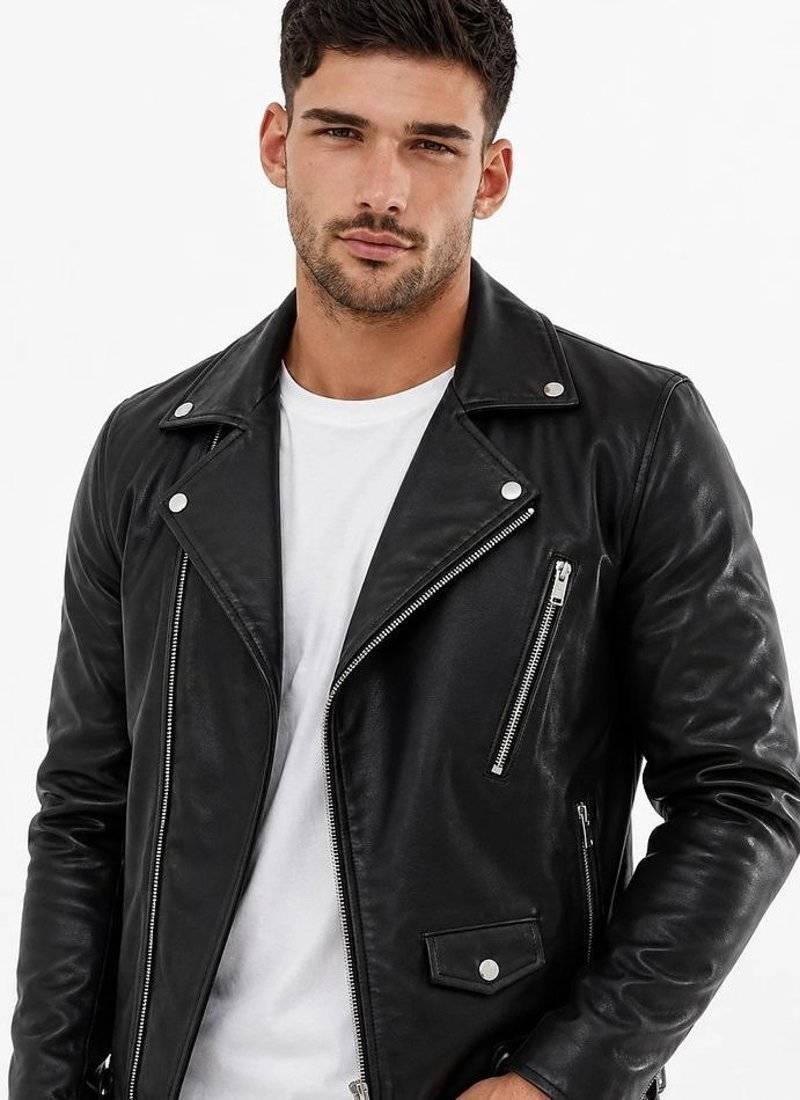 Men's biker black genuine leather silver zip premium finish jacket